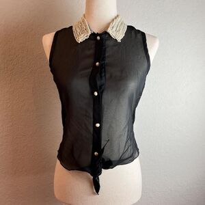 Kate Collection Faux Pearl Embellished Collar Sheer Tie Top Black XS
